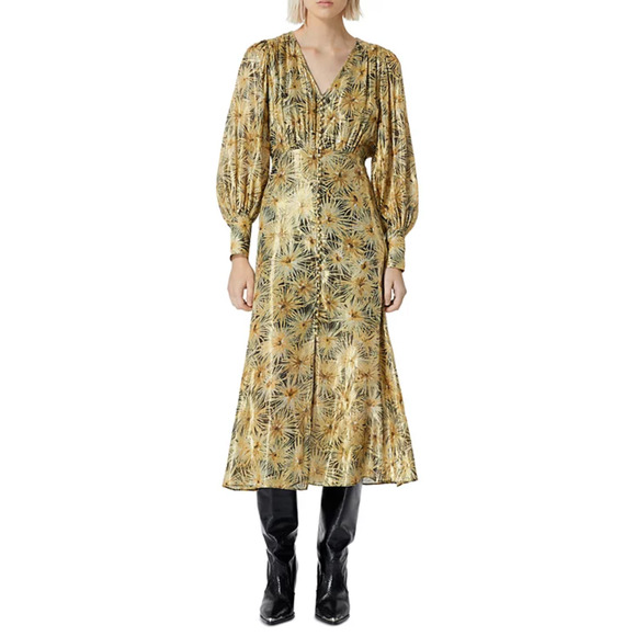 the kooples gold dress The Kooples Womens BLA25 Floral-print Crepe Midi Dress S